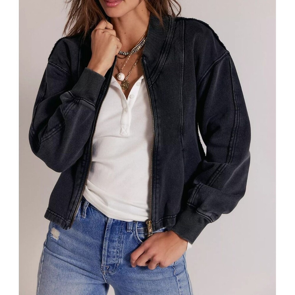 Free People Ziggy Zip-Up Jacket Top Flared Long Sleeves Cotton Black S 289959